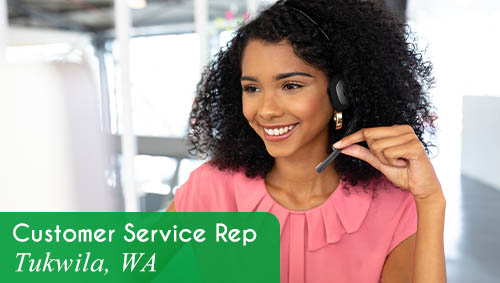 Image shows a woman smiling and talking to someone over a headset. Text reads: Now hiring a Customer Service Rep in Tukwila, WA. All StarZ Staffing.
