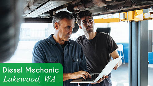 Image shows two mechanics working under a vehicle. One of them is entering data on a laptop. Text reads: Now hiring a Journey Level Diesel Mechanic in Lakewood, WA. All StarZ Staffing.