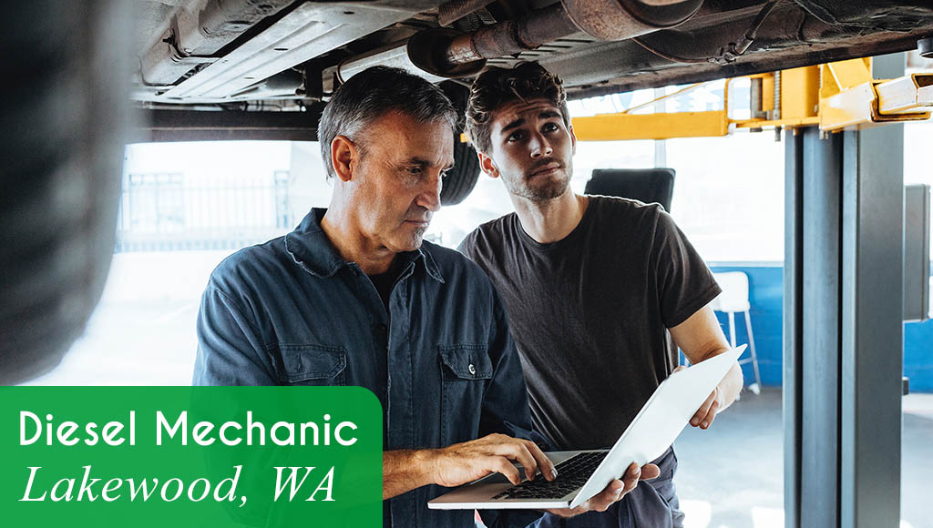 Image shows two mechanics working under a vehicle. One of them is entering data on a laptop. Text reads: Now hiring a Journey Level Diesel Mechanic in Lakewood, WA. All StarZ Staffing.