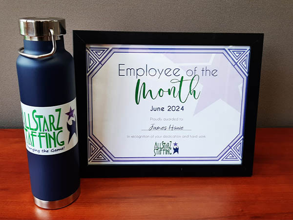 Image is a photo of James's framed Employee of the Month certificate and water bottle for June 2024. All StarZ Staffing.
