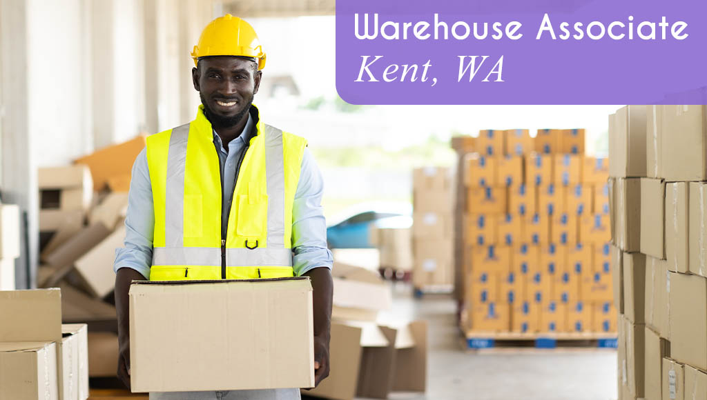 Image shows a man wearing safety gear, carying a box in a warehouse dock environment with pallets and boxes in the background. Text reads: Now hiring a Warehouse Associate in Kent, WA. All StarZ Staffing.