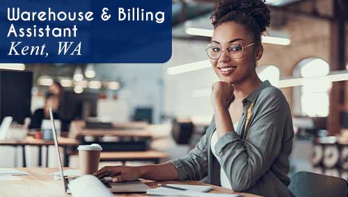 A smiling woman is working at a laptop in an open office setting. White text over a blue banner reads: 'Warehouse & Billing Assistant in Kent, WA. All StarZ is hiring a detail oriented individual for this flexible, entry level role.