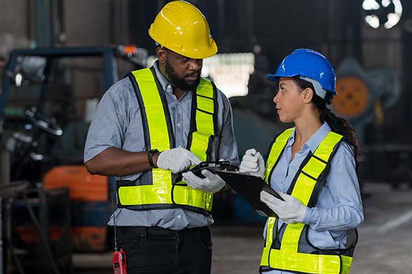 Male and female workers communicate about work in a manufacturing environment