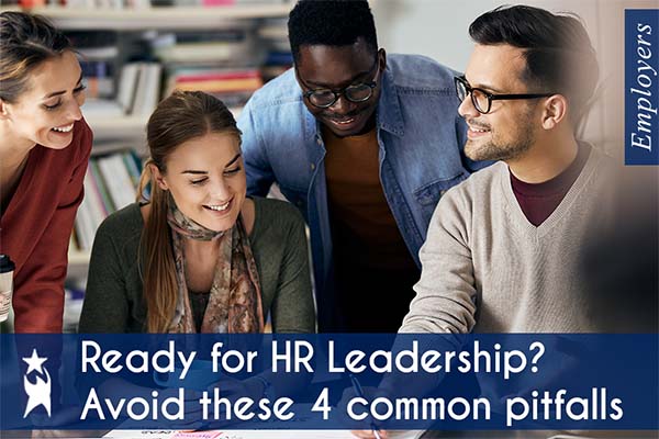 A diverse group of professionals collaborating at a table, discussing HR leadership strategies. A man on the right writes notes. Text overlay reads ‘Ready for HR Leadership? Avoid These 4 Common Pitfalls.’ Perfect for new HR leaders looking to navigate challenges and avoid common mistakes in leadership roles.