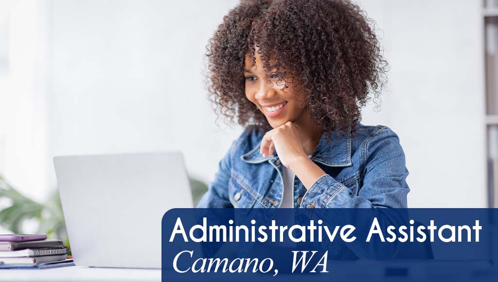 A woman smiles while working at a laptop in an office setting. White text over a navy banner reads: 'Administrative Assistant in Camao, WA. All StarZ is hiring now!