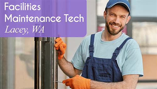 A man smiles while repairing a door. White text over a purple banner reads: 'Facilities Maintenance Tech in Lacey, WA. All StarZ is hiring now!