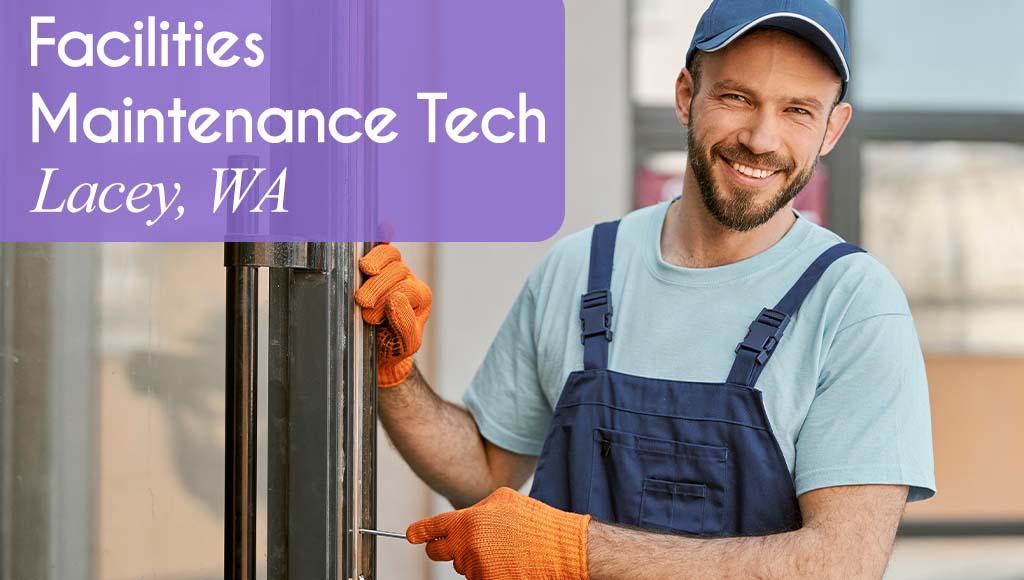 A man smiles while repairing a door. White text over a purple banner reads: 'Facilities Maintenance Tech in Lacey, WA. All StarZ is hiring now!