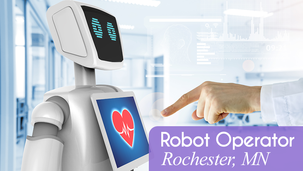 Human hand reaches toward a robot in a healtcare setting. White text over a purple banner reads: 'Robot Operator in Rochester, MN. All StarZ is hiring!