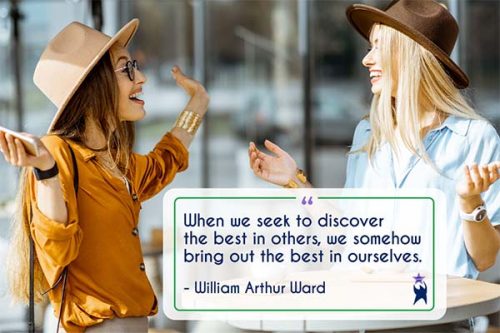 Two women engage in joyful conversation at a coffee shop table. Text is a quote reading: "When we seek to discover the best in others, we somehow bring out the best in ourselves" - William Arthur Ward. All StarZ Staffing.